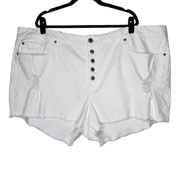 Torrid 28 White Denim Cut Off Shorts Button Fly Raw Hem High Rise Distressed - Picture 1 of 7